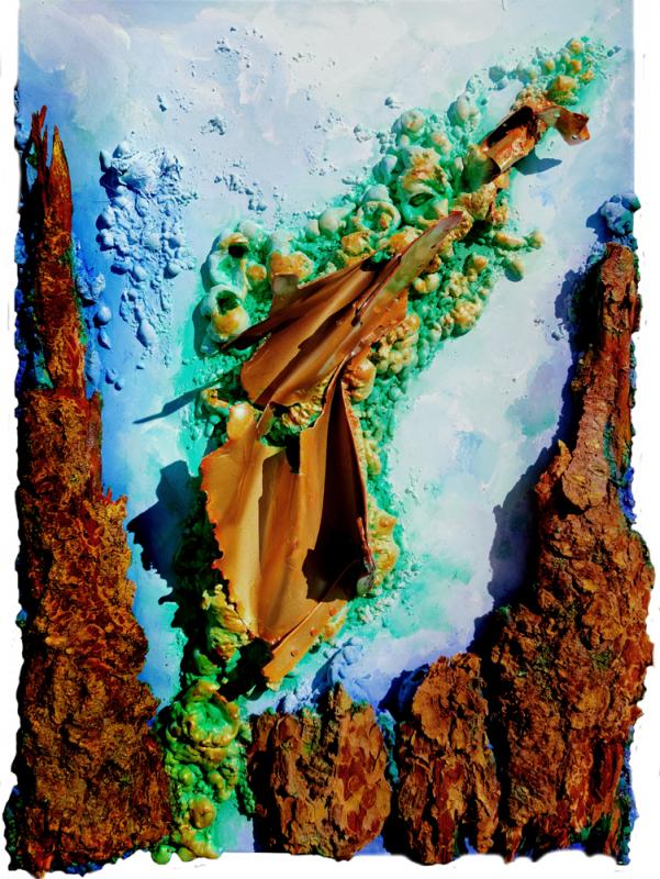 LACK FORREST MORPHING II, Mixed Material Art mit Rindenstücken und Aluminium auf Leinwand, Format: 50 x 70 cm, 2020