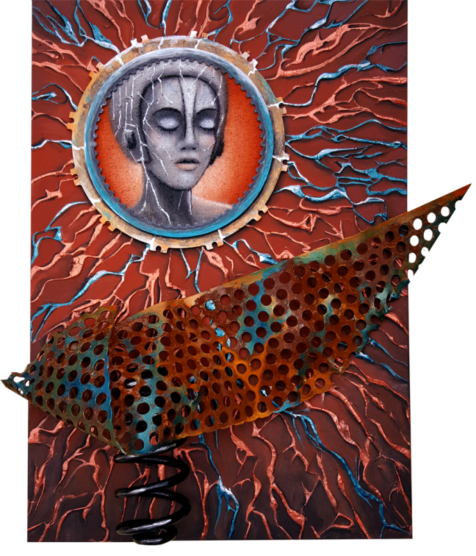 Elektra, Acryl auf Leinwand mit Eisen und Stahl. Format: 100 x 70 cm, 2017, Serie Art-3D