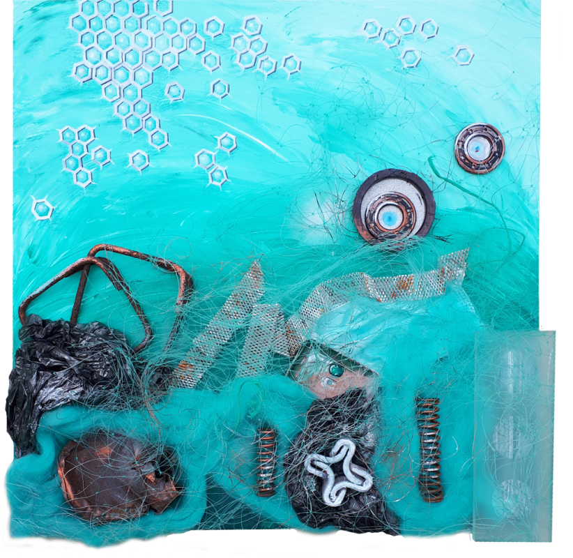 Pollution III, 50 x 50 cm, Acryl mit Plastikmüll, 2019