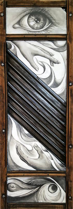 „Gefälle”  Acryl und Bleistift auf antikem Krauthobel, lasiert  Format: 100 x 34 cm, aus der Serie Art-Retrouvé, 2016 