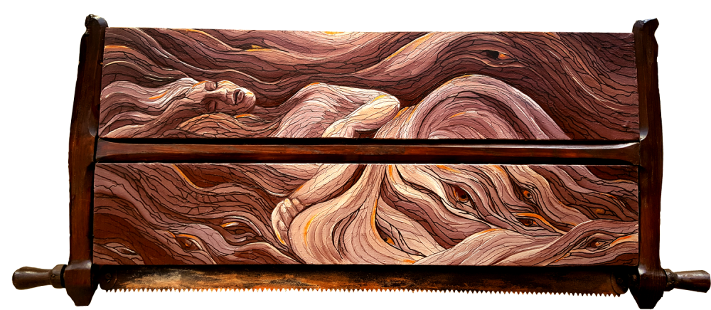 „In den Wäldern”, Historische Säge mit Leinwänden, Acryl-Mischtechnik, Format: 100 x 45 cm, 2017